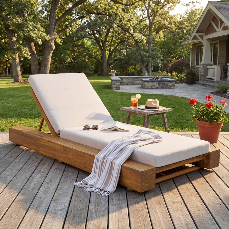 Christopher Knight Home - Amedea Outdoor Acacia Wood Chaise Lounge with Adjustable Backrest & Water-Resistant Cushion - 1-Piece-Beige+Teak Finish
