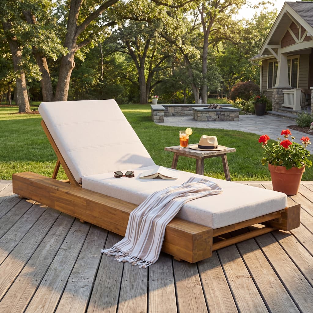 Christopher Knight Home - Amedea Outdoor Acacia Wood Chaise Lounge with Adjustable Backrest & Water-Resistant Cushion