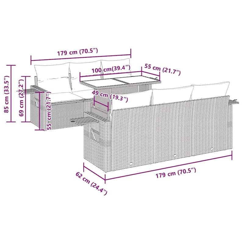 vidaXL Patio Sofa Set with Cushions Sofa Modules Outdoor 7 Piece Poly Rattan - 21.7 x 24.4 x 27.2
