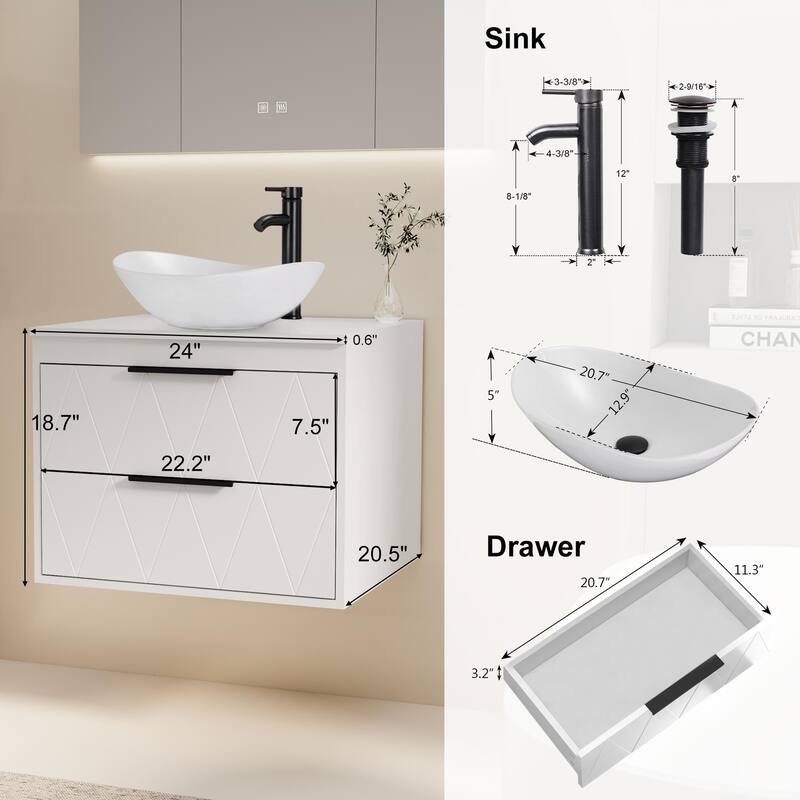 Modern Wall Mounted Bathroom Vanity Set with Vessel Sink & Faucet