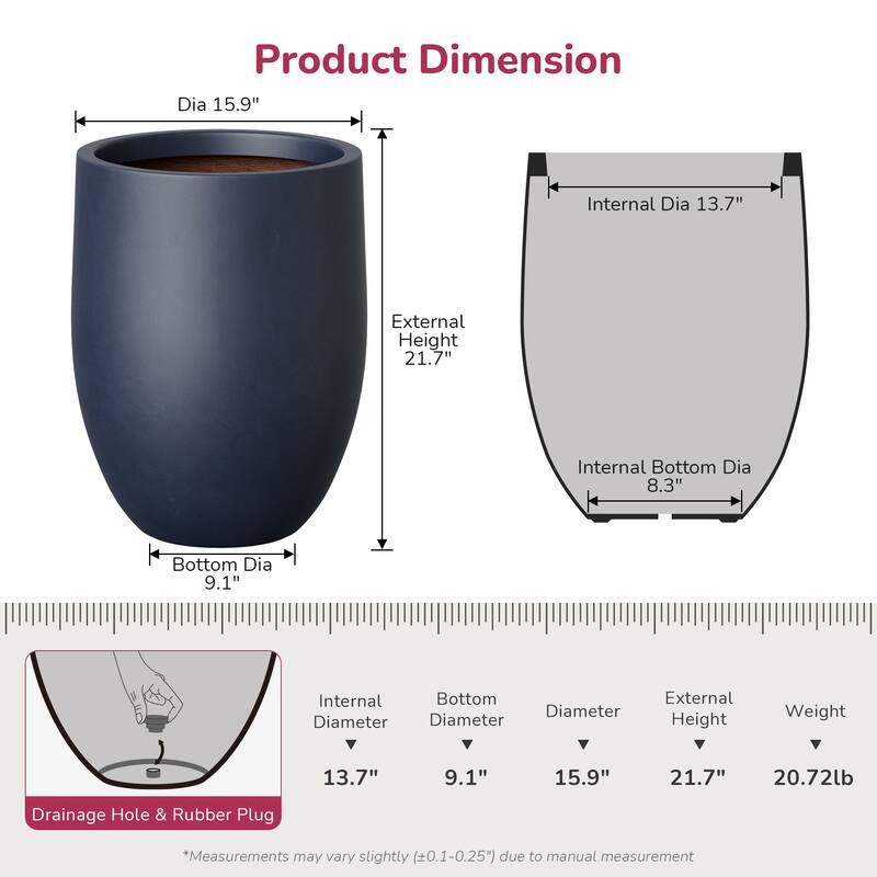 Concrete Garden Enhanced Interior Flower Planter, Modern Tall Plant Pots with Drainage Hole
