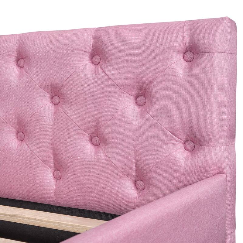 Full XL Size Upholstered Platform Bed Frame with Trundle, Elegant Tufted Button Design and Extra Sleeping Space for Bedroom