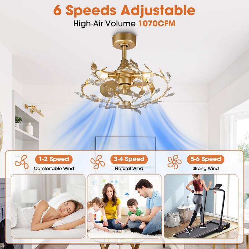 24" Modern Gold Leaves Crystal Caged Ceiling Fan Chandelier with Remote