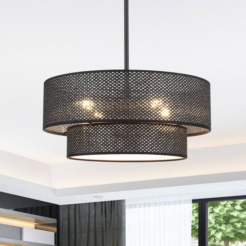 Modern Chandelier 18" 4-Light Black Woven Rattan Shade