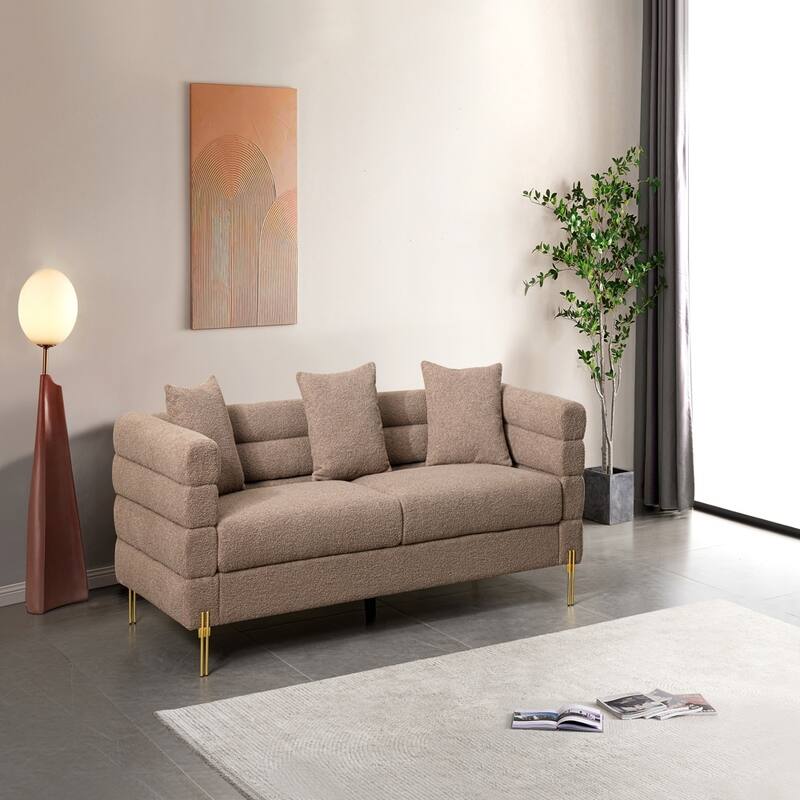 Velvet Upholstered Sofa,Gold Metal Legs,Pillows Included,Living Room - Brown
