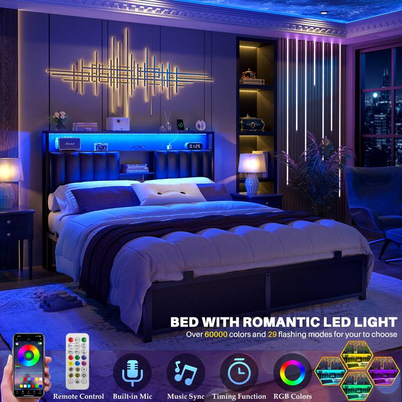 Upholstered Bed Frame with Storage Shelving, Platform Beds with Charge Station and LED Lights