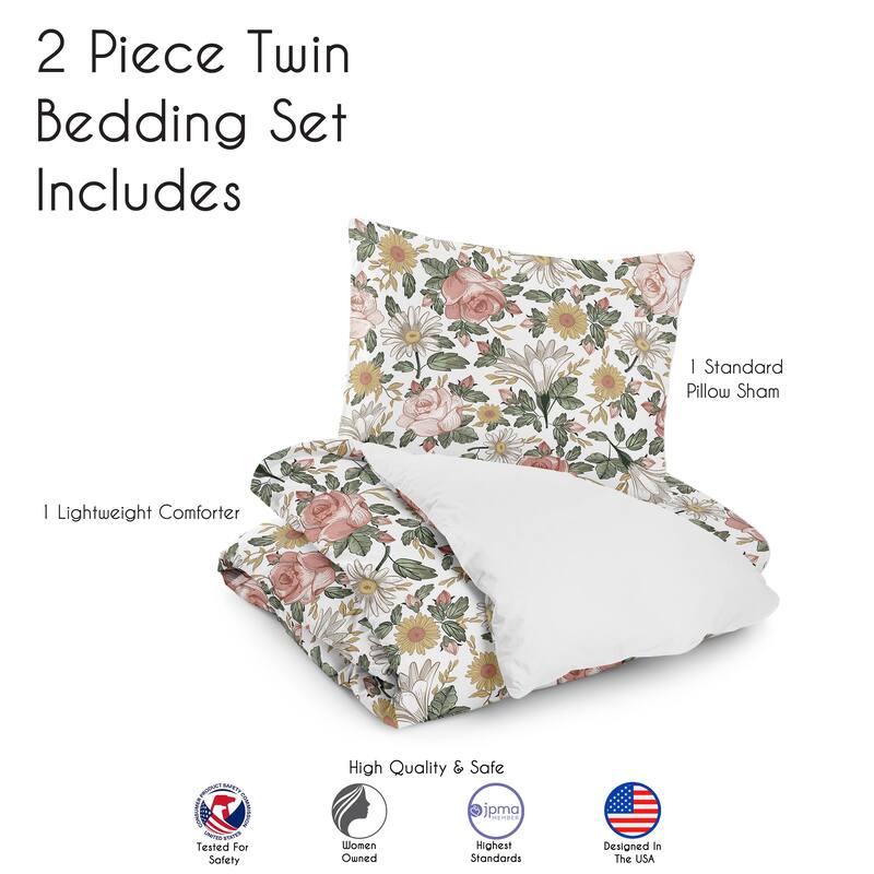 Sweet Jojo Designs Vintage Floral Boho Girl 2-piece Twin Comforter Set Blush Pink Yellow Green White Shabby Chic Rose Farmhouse