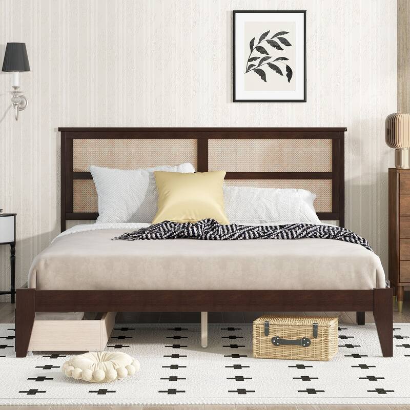 White Oak Full Size Bed with Woven Rattan Headboard, Two Storage Drawers, Rubberwood Frame