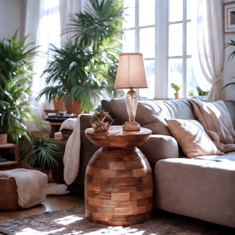 Mango Wood Round Side Table - 16" Accent Table with Patchwork Tile Design - Natural Finish, Assembled