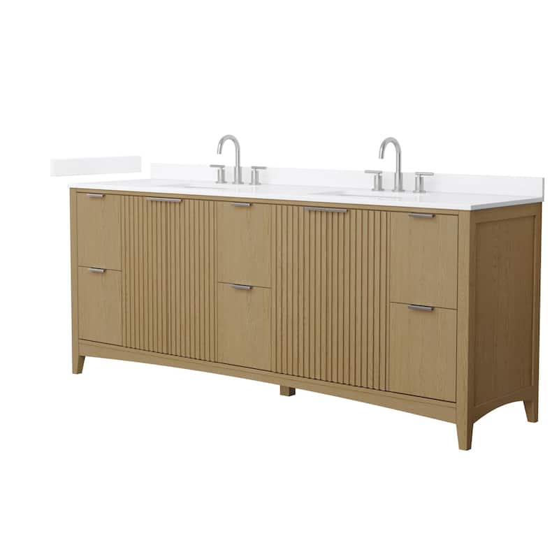 Wyndham Collection WCF9191-84D-QTZ-US3MXX Palmilla 84" Free Standing - Natural Oak / White Quartz Top / Brushed Nickel