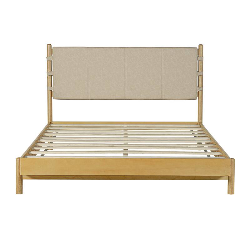 Classic Queen/King Size Platform Bed, Rubber Wood Bed Frame with Upholstered Headboard, Wood Slat Support
