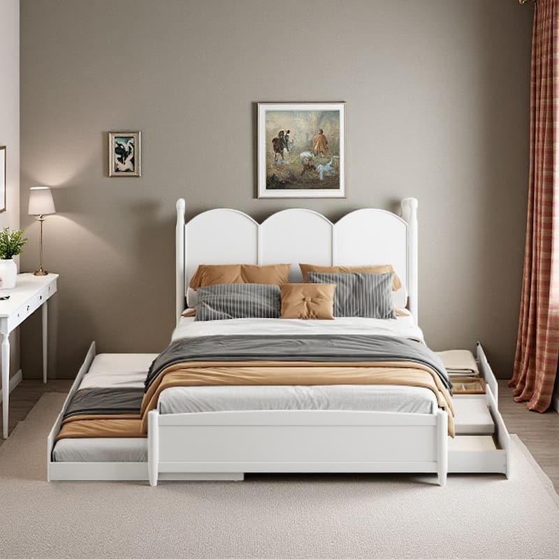 Queen Platform Bed with Twin XL Trundle and Dual Storage Drawers, Solid Wood Frame, Curved Headboard, Space-Saving - White
