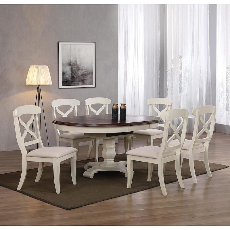 Extendable Dining Set 7 Piece Round/Oval Table & Chairs Antique White Brown