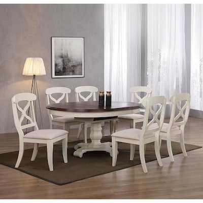 Extendable Dining Set 7 Piece Round/Oval Table & Chairs Antique White Brown