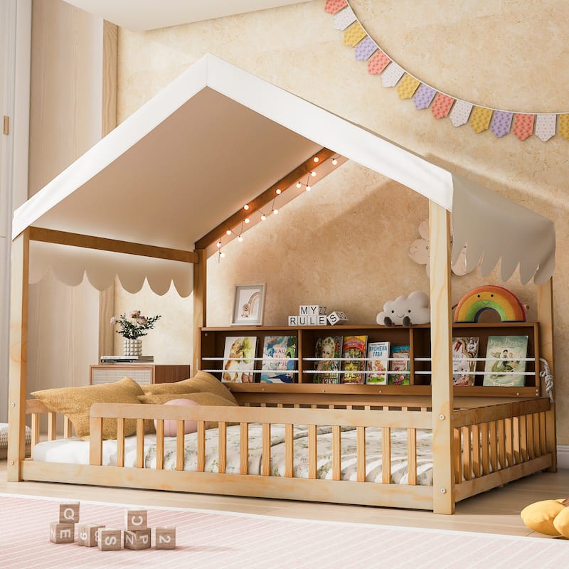 Full Size House-Shaped Daybed with Storage Bookshelves, Canopy Curtain and LED Light, Wooden Floor Bed with Fence
