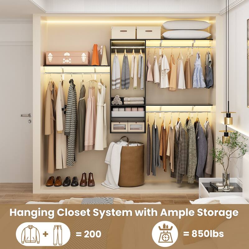 96'' W Wall-mounted Closet System with Storage Shelves and Hanging Rods,Adjustable Walk-in Closet Organizer System