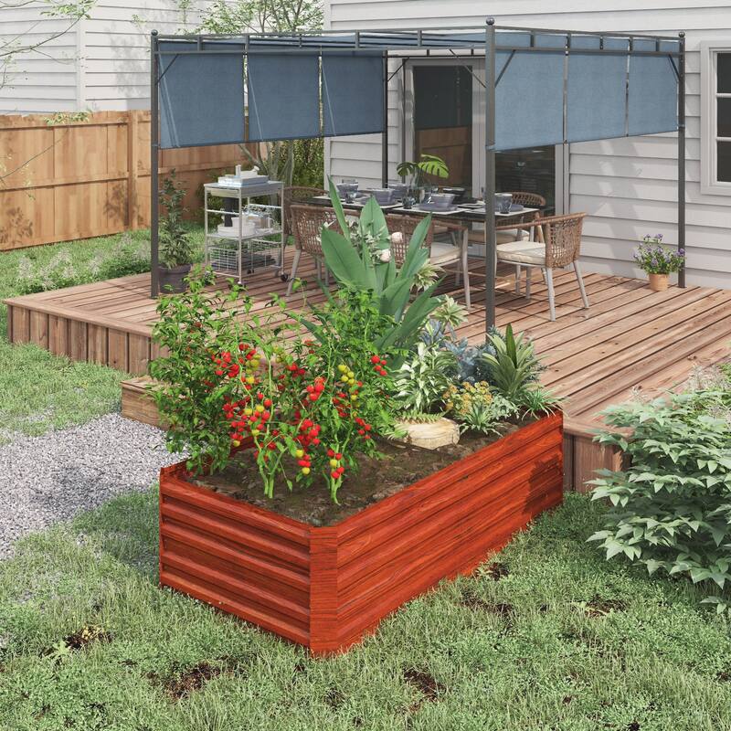 Countryside Style Garden Bed with Metal Planter Box Open Bottom, for Vegetables Flowers and Herbs, Dark Brown - 8' x 10'