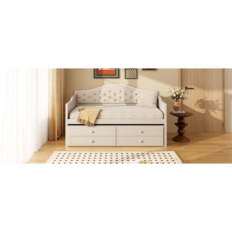 Wooden Frame Day Bed, Twin Size Daybed with Trundle Bed, Upholstered Tufted Button Backrest Sofa Bed with 2 Storage Drawers