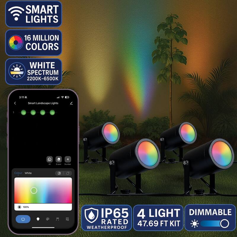 RGBWW Smart Outdoor Spotlights 4-Pack 48ft IP65 LED Lights Alexa Remote App