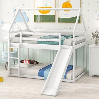 White Twin Size Bunk Bed Wood House Bed with Convertible Slide and ...