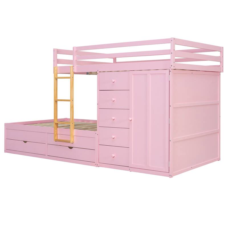 Kids Bed Frame Full Over Full Bunk Bed with Drawers and Wardrobe