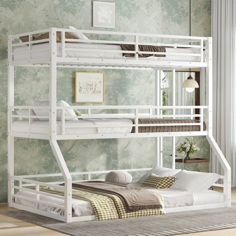 Roomfitters Twin over Twin over Full Metal Triple Bunk Bed with Safety Guardrails, Heavy-Duty Noise-Reduced Frame - White - Twin