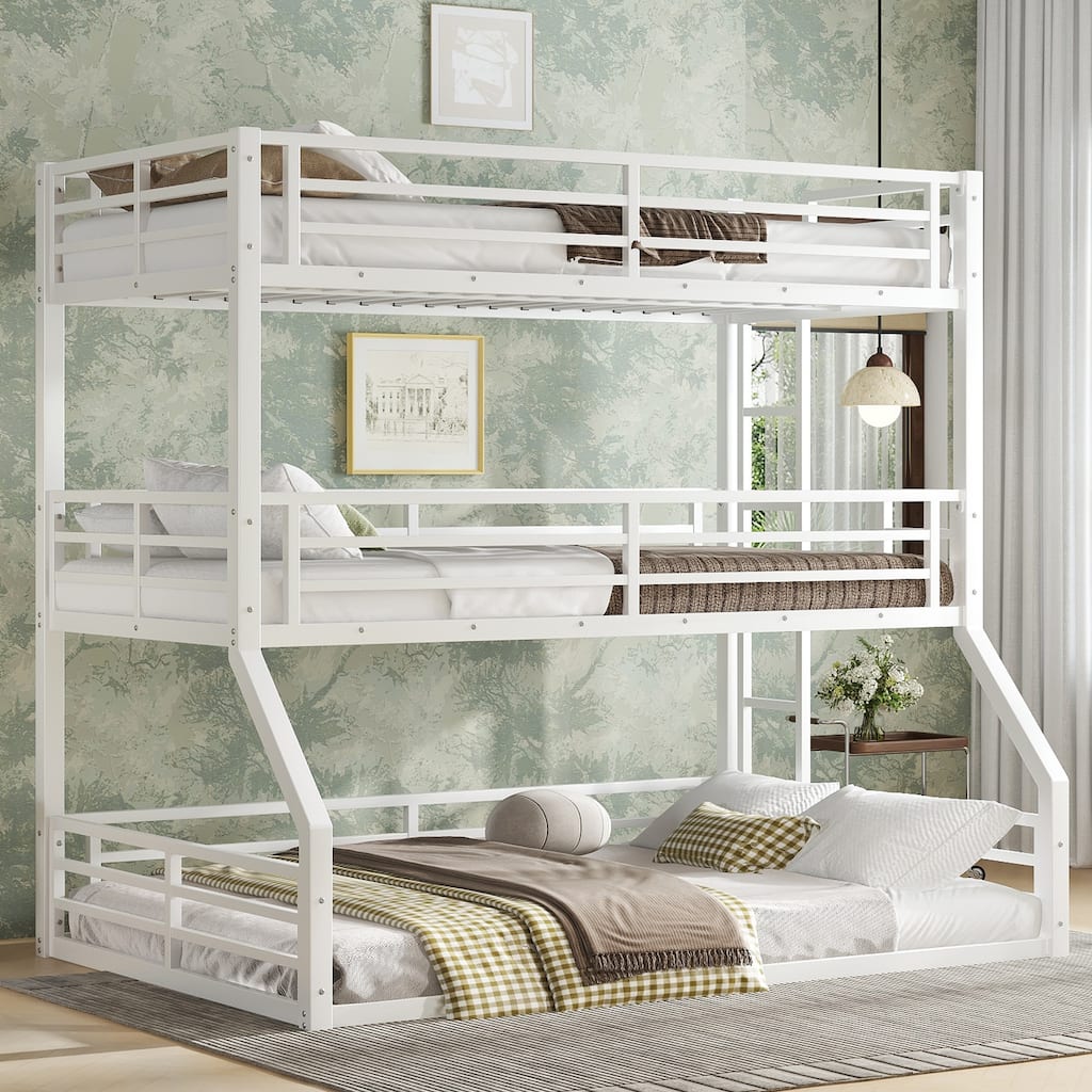 Roomfitters Twin over Twin over Full Metal Triple Bunk Bed with Safety Guardrails, Heavy-Duty Noise-Reduced Frame