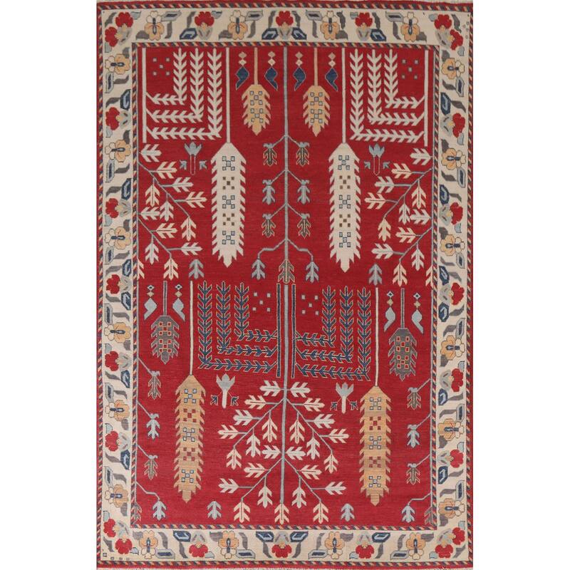 Hand Knotted Oriental 100% Wool Carpet Traditional Geometric Red Kazak Area Rug - 9' 10'' X 6' 10''