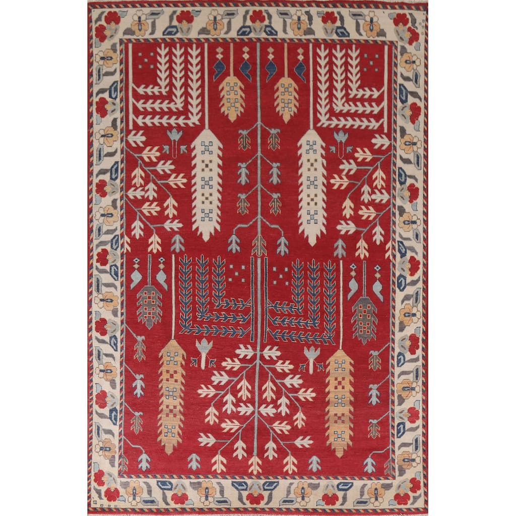 Hand Knotted Oriental 100% Wool Carpet Traditional Geometric Red Kazak Area Rug - 9' 10'' X 6' 10''