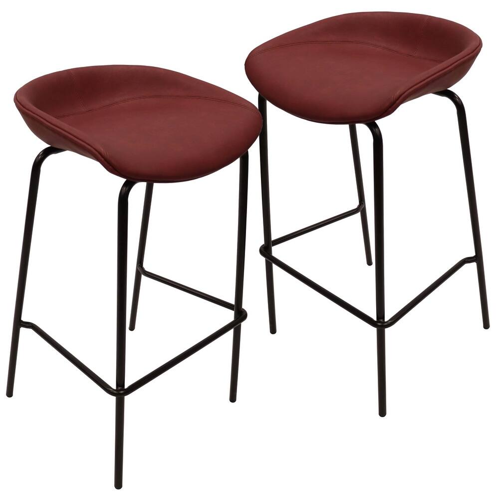Servos Leather Upholstered Saddle Barstool with Solid Black Metal Iron Frame and Footrest for Home Kitchens, Bars (Set of 2)