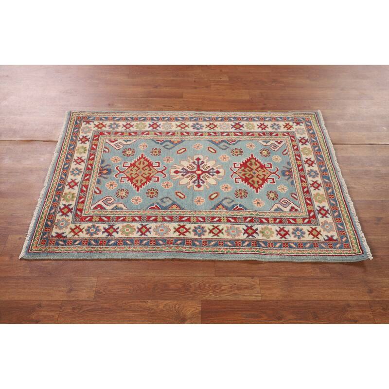 Light Blue Kazak Oriental Foyer Rug Handmade Geometric Wool Carpet - 2'8" x 4'0"