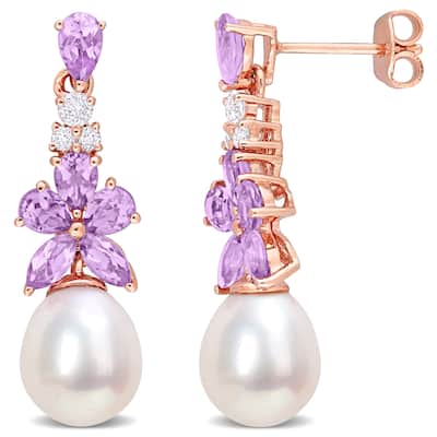 Miadora Freshwater Cultured Pearl Multi-Gemstone Earrings in 18k Rose Plated Sterling Silver