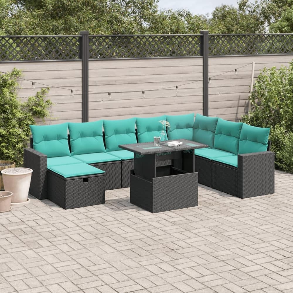 vidaXL Patio Sofa Set with Cushions and Table Outdoor Garden 9 Piece Poly Rattan - 24.4" x 24.4" x 27.2"