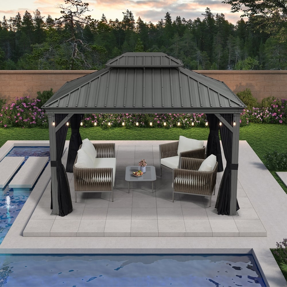 PURPLE LEAF Patio Gazebo for Backyard Hardtop Galvanized Steel Frame with Upgrade Curtain and Light - Light Grey
