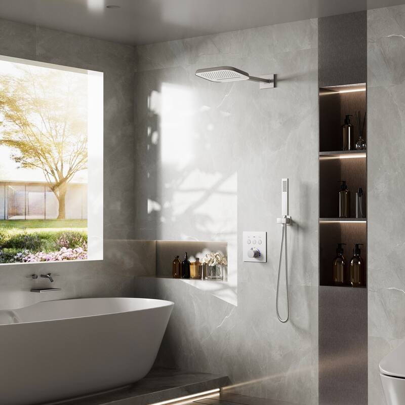 Modland 3-function Square Thermostatic Rainfall Shower System with High-pressure Handheld Shower, Black/Nickel/Chrome