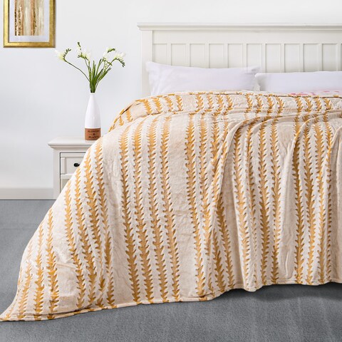 Light Brown Stripe Blanket with Back Printing Shaved Flannel Plush 60 in. x 80 in.Queen (2 Pack Set of 2)