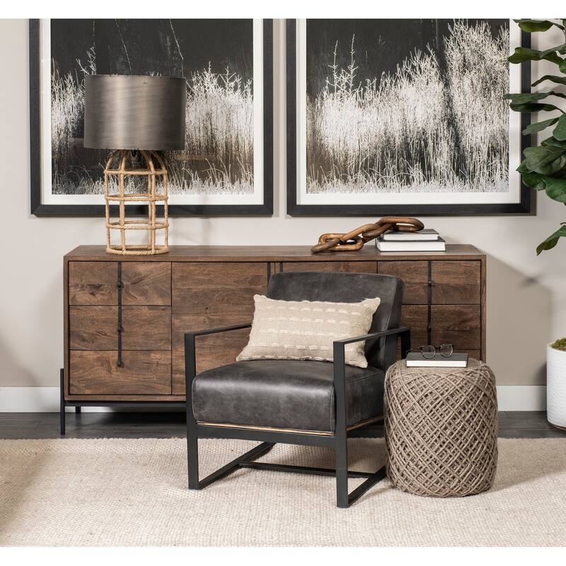 Stamford Black Genuine Leather w/ Light Brown Solid Wood Back & Black Iron Frame Accent Chair - 24.4"W x 31.9"D x 28.9"H - Black