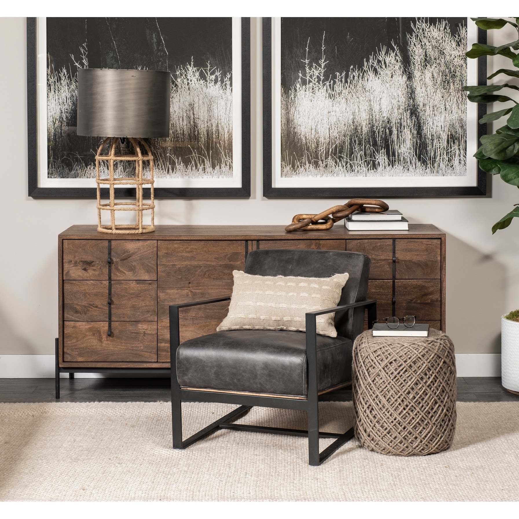 Stamford Black Genuine Leather w/ Light Brown Solid Wood Back & Black Iron Frame Accent Chair