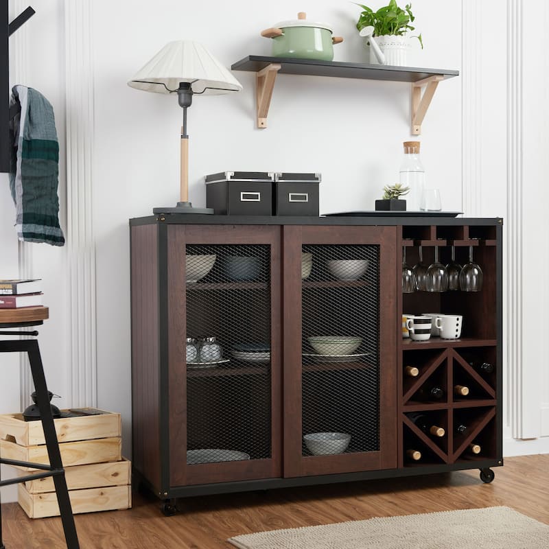 Furniture of America Hury Modern Walnut 47-inch 3-shelf Dining Buffet, Walnut Dining Sideboard with Wine Storage