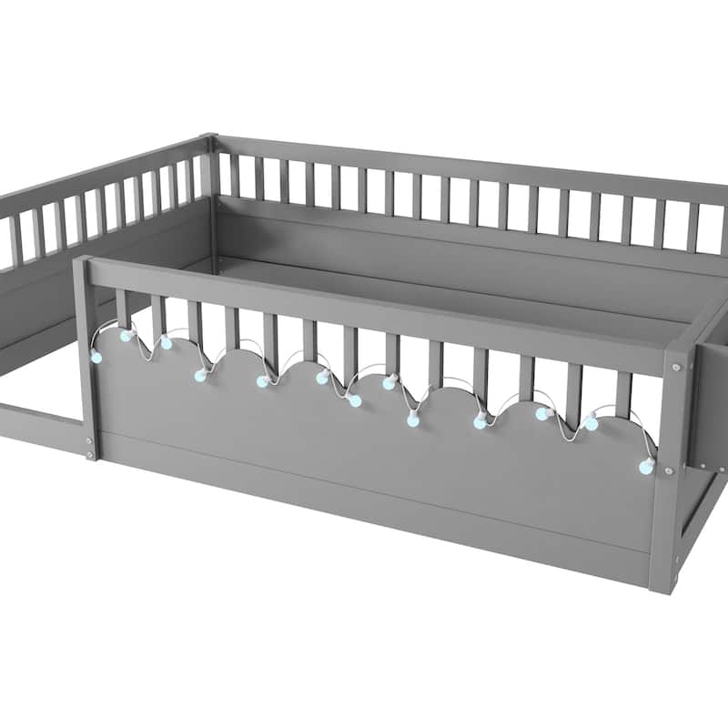 GDF Studio - Ellington Full Size Montessori Floor Bed with High Rails, LED Light, and Storage Shelf