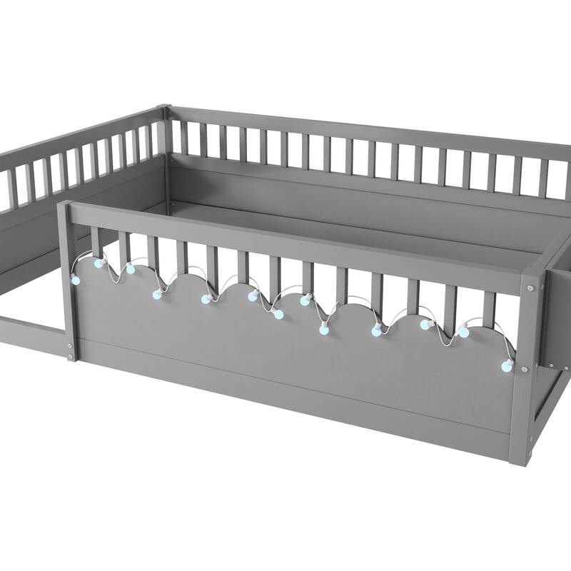 Montessori Floor Bed Frame with High Rails, Wood Toddler Floor Bedframe with Light and Headboard Storage Shelf for Kids Room