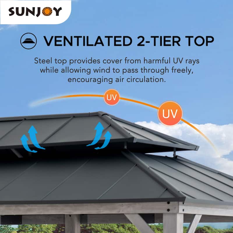 Sunjoy Outdoor Cedar Wood Frame Patio Gazebo Steel Hardtop