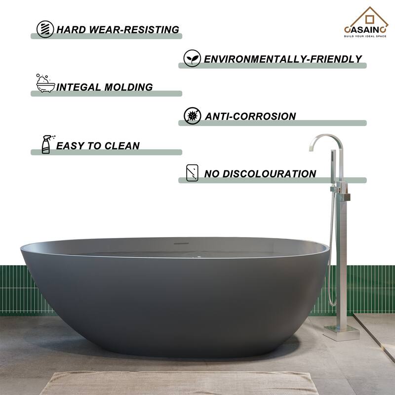 59" Solid Surface Freestanding Bathtub in Matte Black/Grey