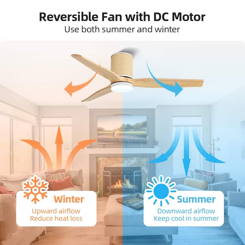 MLiAN 52 In. 3 Solid Wood Blades Flush Mount Ceiling Fan with Light Kit - 52"