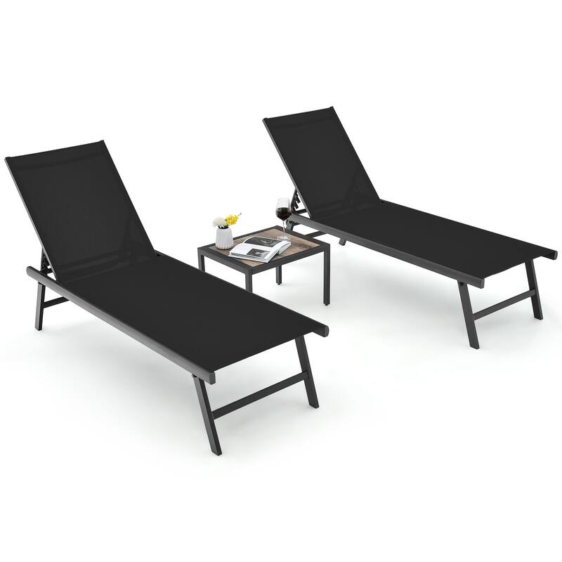 Gymax 3pcs Patio Chaise Lounge Set Aluminum Recliner Chair Table - Black