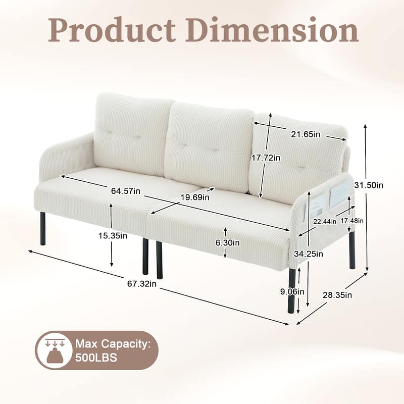 HOMEFUN Corduroy Upholstered Oversized Wood Frame Loveseat Sofa with Metal Legs and Side Pockets