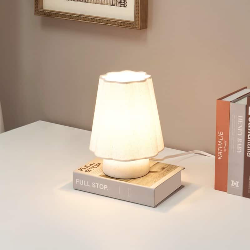 Brightech Kylie 9" Off-White Cream Mid-Century 4.5W 450Lm 2700K LED Contemporary Round Table Lamp With Cream Linen Unique Shade