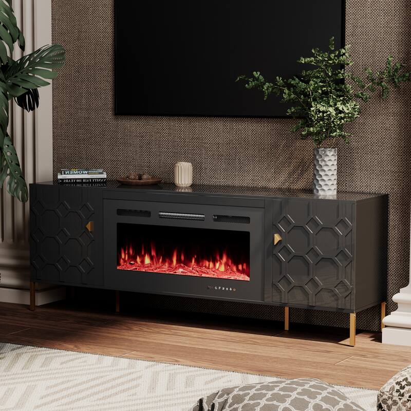 Clihome High Gloss Storage 70'' TV Stand with 36'' Electric Fireplace