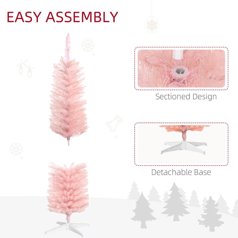 HOMCOM Pre-Lit Pencil Christmas Tree - Colorful Surface Branches, LED Lights, Pink