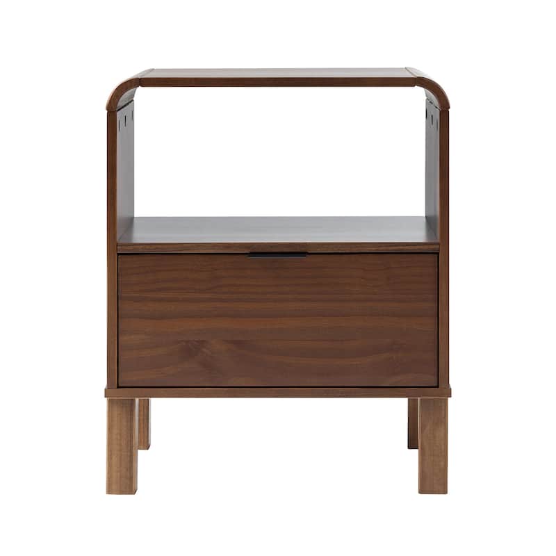 Modern Curved-Top Solid Wood Nightstand with Drawer and Open Storage - Brown